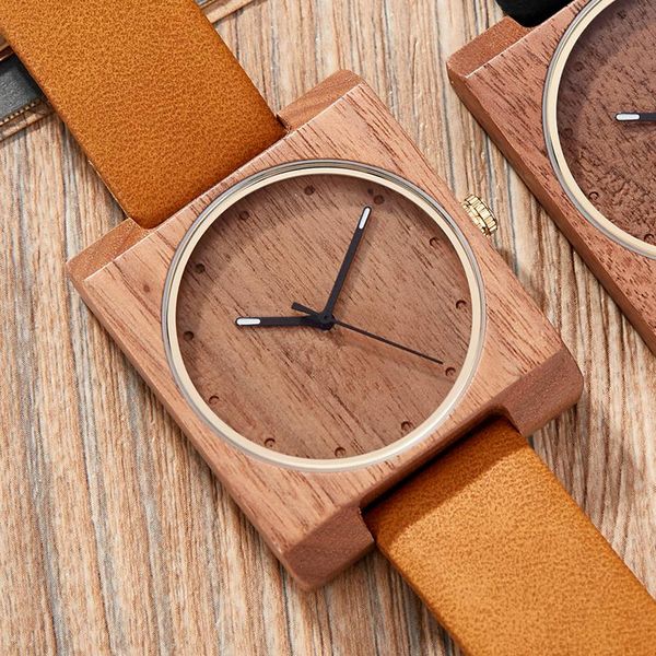 

wristwatches wooden watch men natural lightweight wood watches mens quartz creative square dial leather clock relogio, Slivery;brown