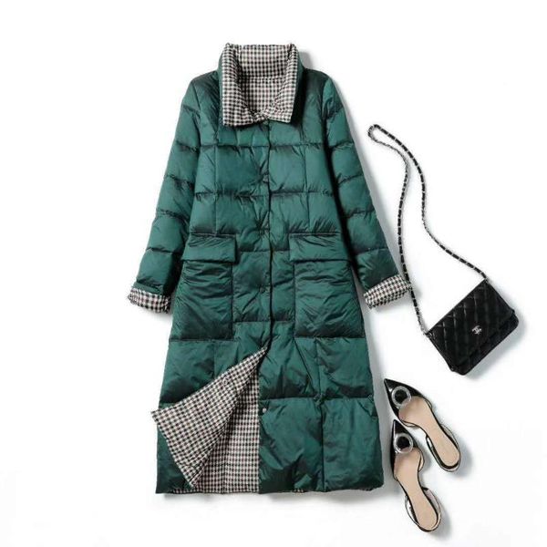 

women double sided long down jacket winter turtleneck plaid white duck coat female warm parkas snow outerwear y59 women's, Black