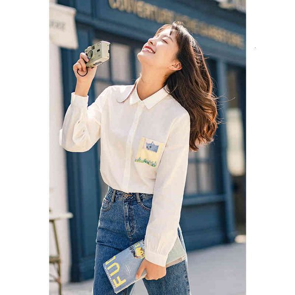 

blouses winter women's cotton cat print long sleeve lovely white shirt lyji