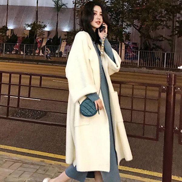 

women's knits & tees [ewq] korea chic white knitted cardigan autumn 2021 lapel loose open stitch long sleeve sweater coat fashion 16e34