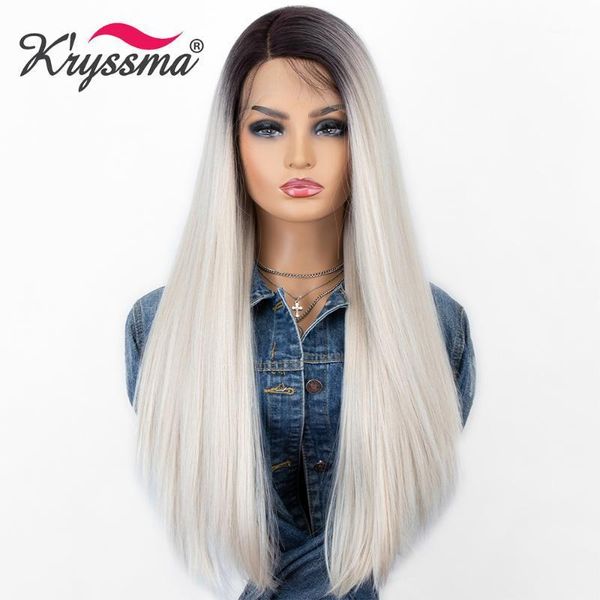 

kryssma ombre platinum blonde lace front wig long straight synthetic wigs for women cosplay mixed purple yellow black wig1
