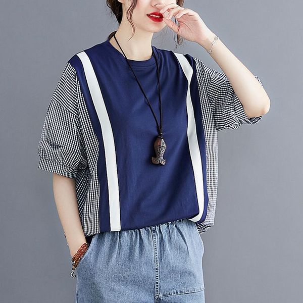 

women's t-shirt women plaid summer stitching female slimming clothes o-neck loose casual, White