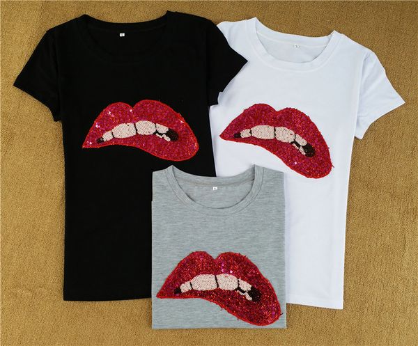 

women's t-shirt lady fashion lips sequin shirt women clothes summer short sleeve casual cotton tshirts female, White