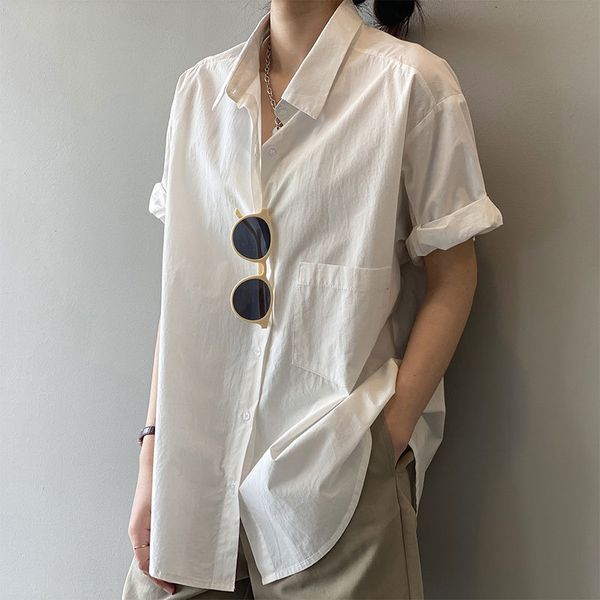 

women's blouses & shirts summer korea fashion women turn-down collar loose casual white single pocket short sleeve cotton blouse v