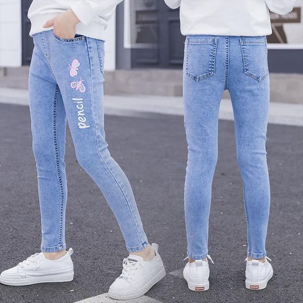 

young girl jeans with butterfly print princess skinny kids denim leggins for girls pants 4 14 years, Blue