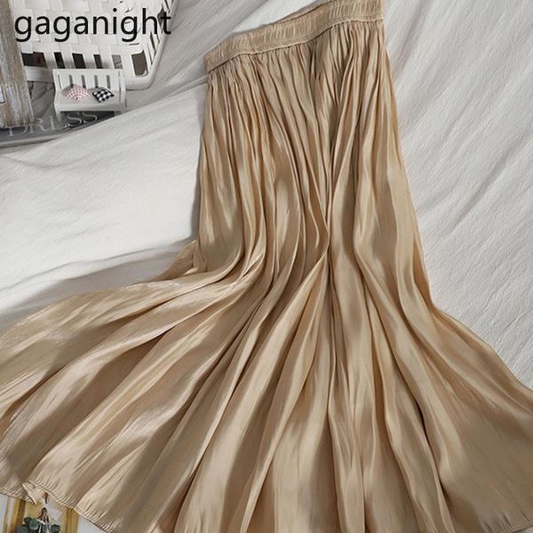 

skirts gaganight korean style solid long skirt women high waisted a-line elegant 2021 summer school midi pleated female, Black