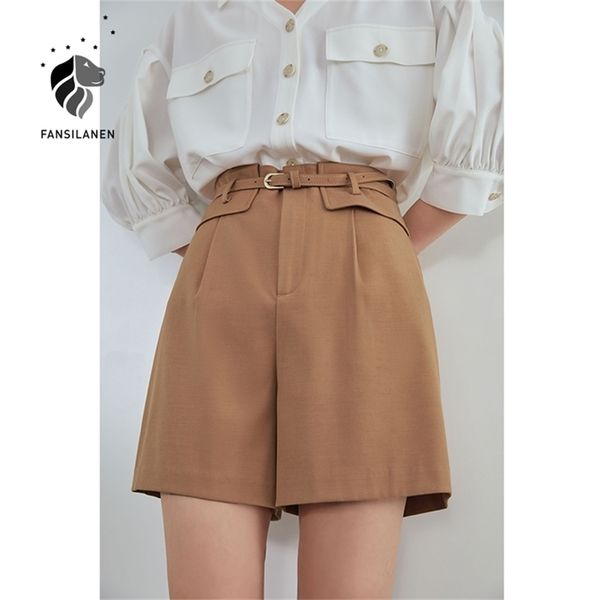 

fansilanen high waist summer casaul short belt pleated wide leg black office lady elegant green short pants female 210624, White;black
