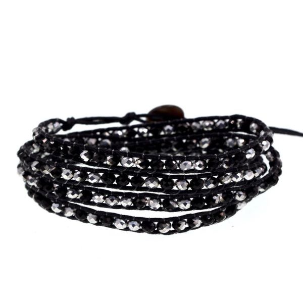 

tennis black/sivler crystal 4 wrap bracelet women men bangle chain black cord, Golden;silver