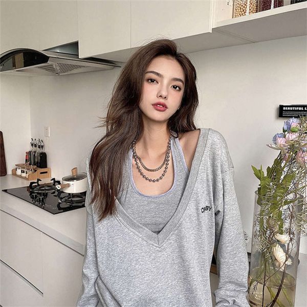

v-neck sweater women's loose autumn and winter design sense, small people wear, Black