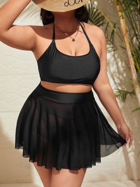 

plus plain halter bikini swimsuit with beach skirt z3fx#, Black