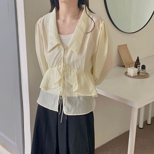 

women's blouses & shirts hzirip summer chic fashion design sense strapping ladies long-sleeved shirt 2021 all-match solid color gentle, White