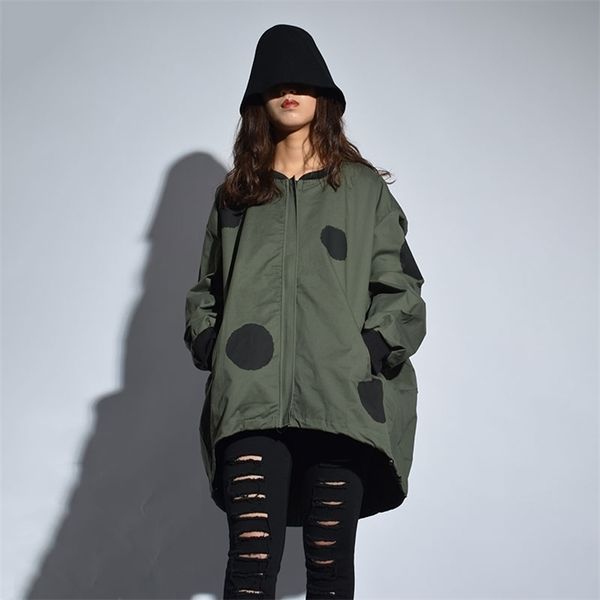 

autumn style polka dot print coat loose large size casual jacket zippers casual polyester v-neck 210603, Black;brown