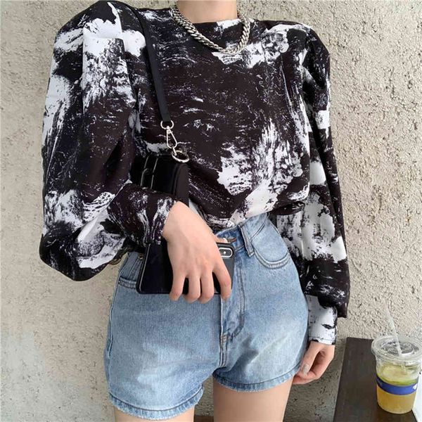 

knits ink print blouse women korean style loose retro round neck long sleeve autumn spring blusa mujer casual pullover shirt, White