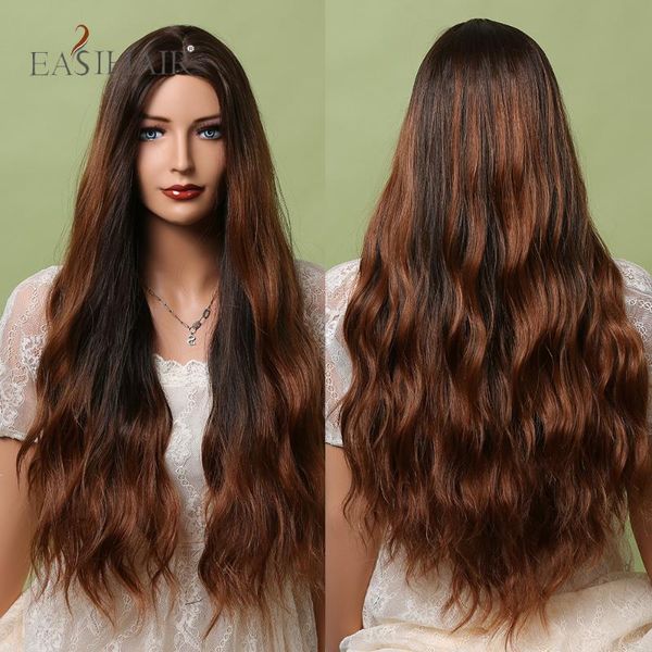 

synthetic wigs easihair long deep wave ombre mixed golden brown middle part heat resistant curly hair for black women daily