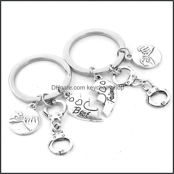 

key rings jewelry designer keychain vintage sier heart friend handcuff set punk bff ring for keys car bag chain handbag couples gift drop de, Slivery;golden