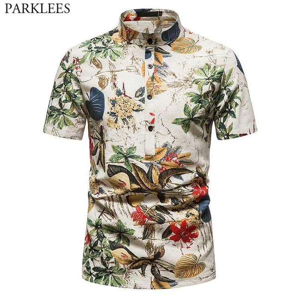 

retro floral print baggy cotton linen shirts men stand collar button up hawaiian beach shirt men casual holiday vacation chemise, White;black