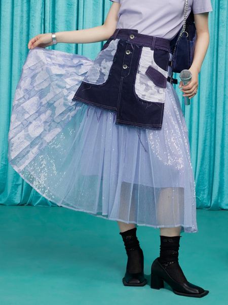 

skirts irinach423 spring summer 2021 original design arrivals long high waist denim patchwork sequined mesh jacquard skirt women, Black