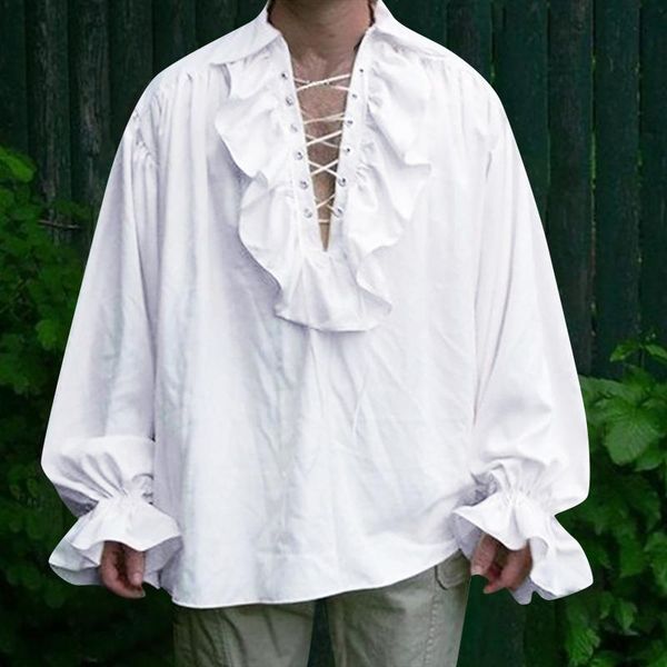 

men's casual shirts 2021 halloween costume party long sleeve bandage gothic man wide loose chemise homme, White;black