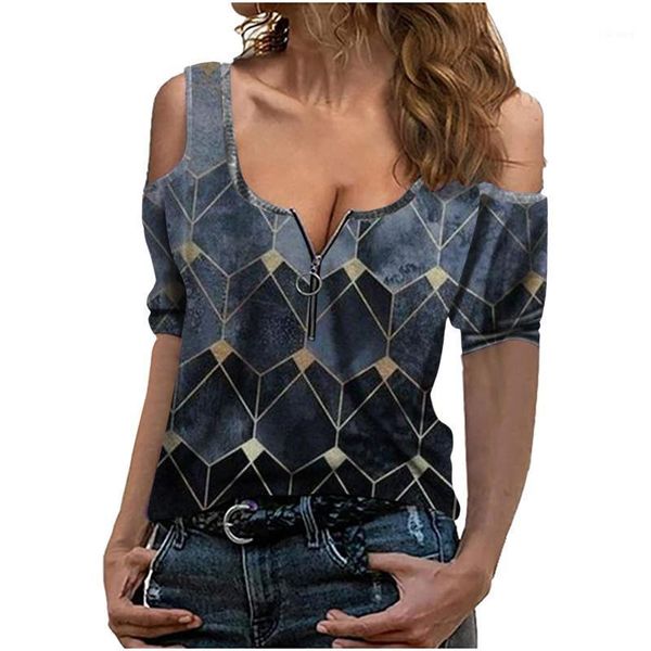 

women's t-shirt tshirt women fashion casual plaid print short sleeve v-neck zipper off shoulder tee shirt femme camisetas #g, White