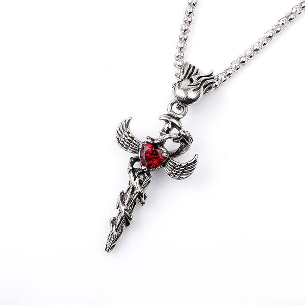 

ruby sword inlaid graphic design metal necklace with pendant fashion gift anniversary party, Silver