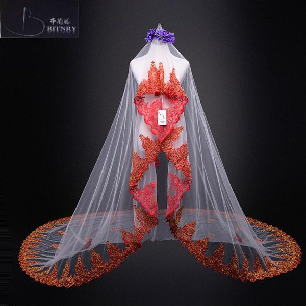 

bridal veils red lace edge luxury cathedral wedding veil long velos de novia, Black