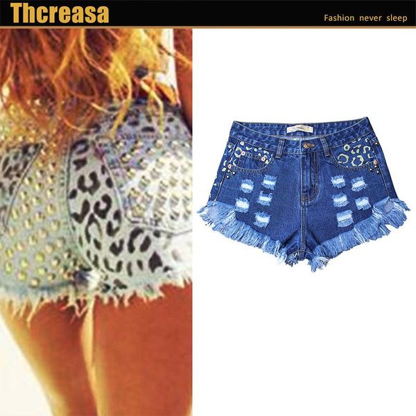 

women's jeans 2021, summer denim shorts rivet with holes, Blue