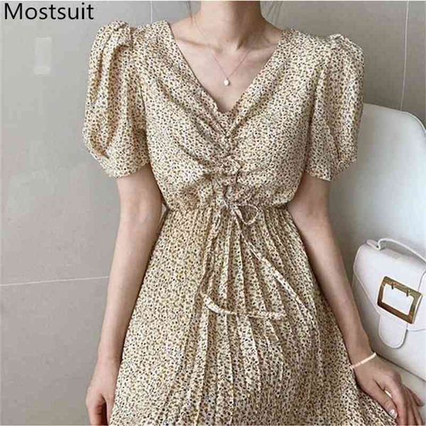 

vintage korean printed long pleated dress women short sleeve v-neck drawstring dresses fashion elegant female vestido 210513, Black;gray