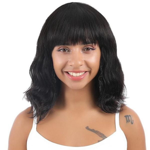 

short bob wig with bangs peruvian body wave remy human hair none lace wigs machine made, Black;brown