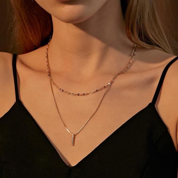 

simple mini rhinestone geometric rectangular pendant necklaces for women snake bone shape double layer clavicle chain jewelry, Silver