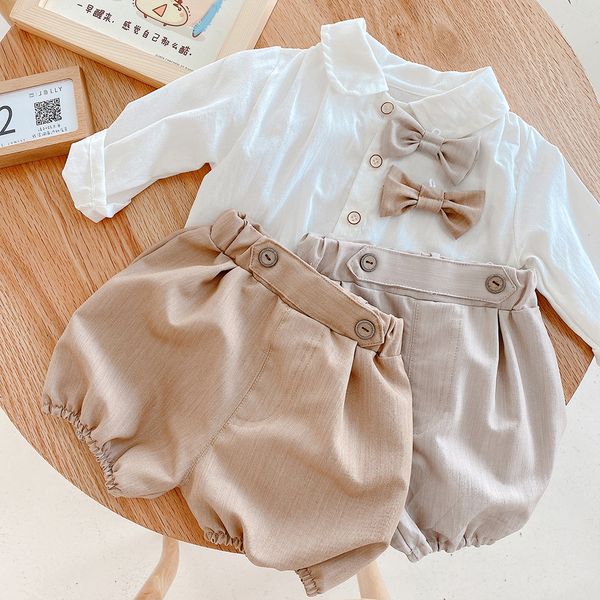 

baby boys summer clothing sets toddler kids bow tie lapel long sleeve shirts+shorts 2pcs children cotton clothes a6790, White