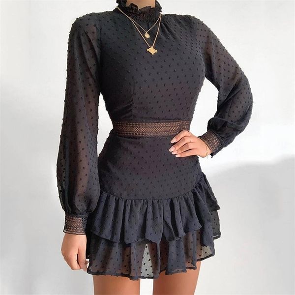 

women black polka dot lace dress lantern sleeve turtleneck ruffle elegant fashion party tulle female 210427, Black;gray