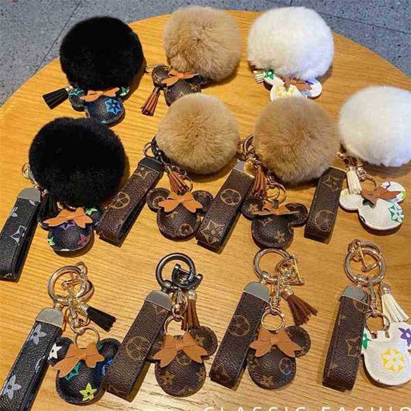 

pu leather cartoon mouse design car key ring with lanyard vintage retro bag pendant fur pom poms ball keychain charms jewelry keyring key ho