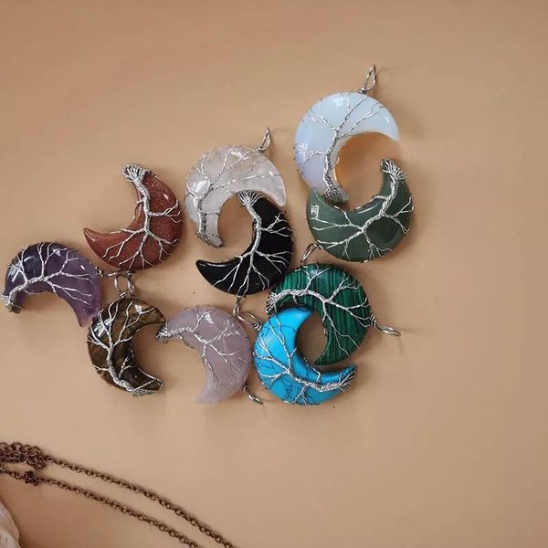 

tree of life crescent moon shape pendant silvertone wire wrap natural gemstones healing crystal stone reiki women, Silver