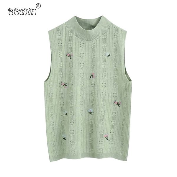 

women vintage floral embroidery cropped knitted vest fashion o neck sleeveless sweater girls chic 210531, Black;white