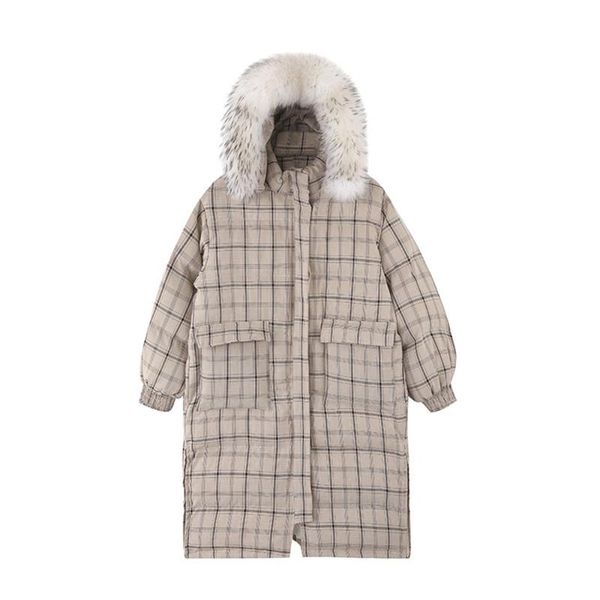 

women's down & parkas 2021 winter coats trendy plaid female overcoats big raccoon fur collar 90% white duck lady clothes, Black