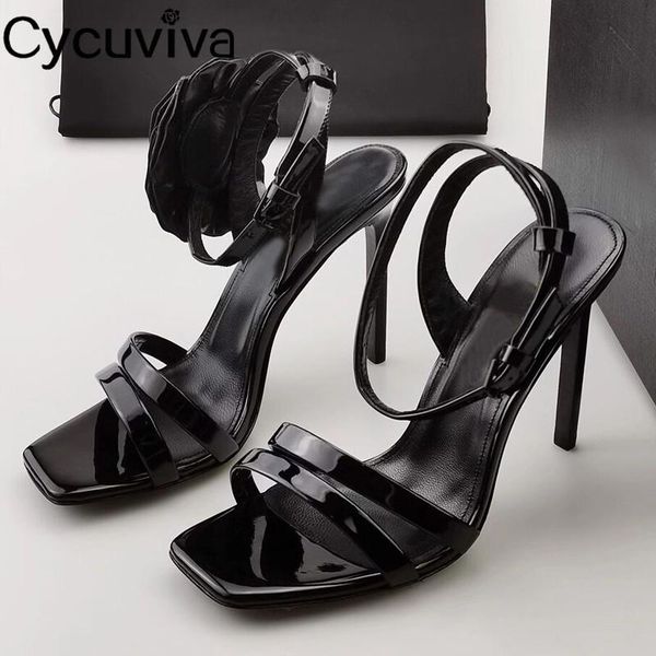 

dress shoes patent leather high heel for women 2021 flower square toe ankle wrap pumps party wedding bride stiletto, Black