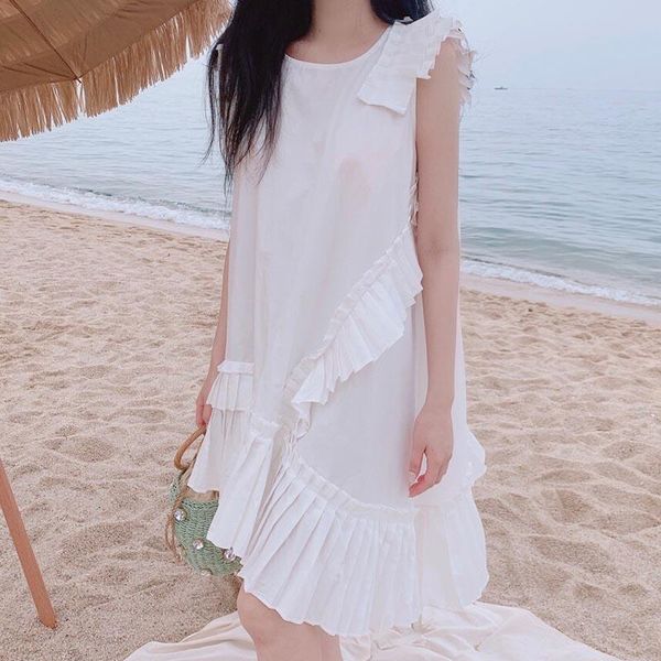 

casual dresses [ewq] women orange ruffles dress round neck flying sleeveless loose fit fashion tide spring summer 2021 16f0791, Black;gray