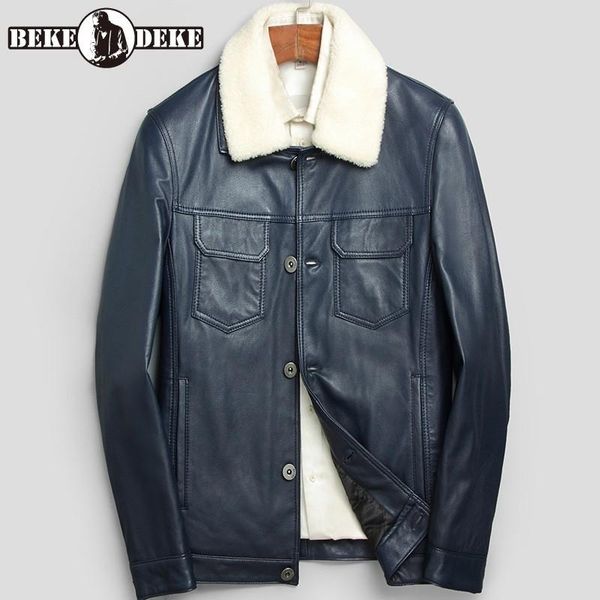 

men's leather & faux fashion lambs wool lapel 100% genuine jacket men brand business slim sheepskin short coat casual single breasted o, Black