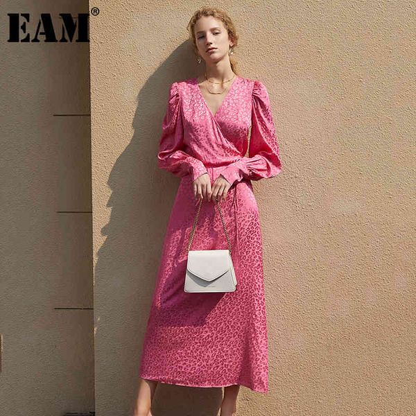 

[eam] women pattern printed long elegant dress v-neck long sleeve loose fit fashion spring autumn 1dd80510 210512, Black;gray