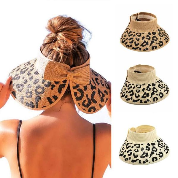 

wide brim hats summer leopard women's bowknot straw visor caps roll up foldable portable outdoor female beach sun hat, Blue;gray