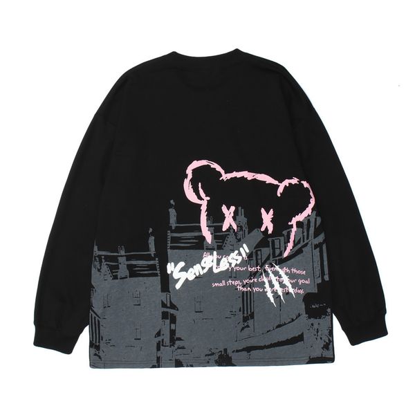 

sweatshirts dark wind bear graffiti printed hoodless sweater mens street fashion brand loose round neck pullover long sleeve hoodie, Black