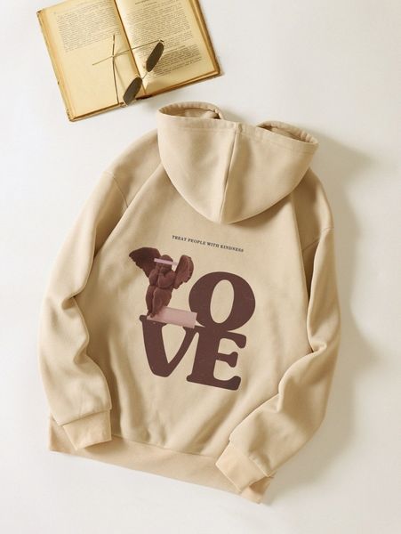 

slogan and figure graphic drawstring thermal lined hoodie p75a#, White;black