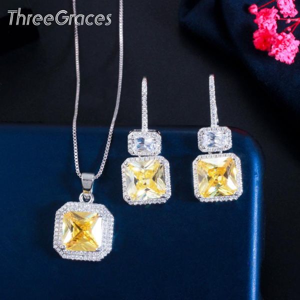 

earrings & necklace threegraces unique yellow cubic zirconia square shape drop dangle and set for ladies jewelry accessories js526, Silver