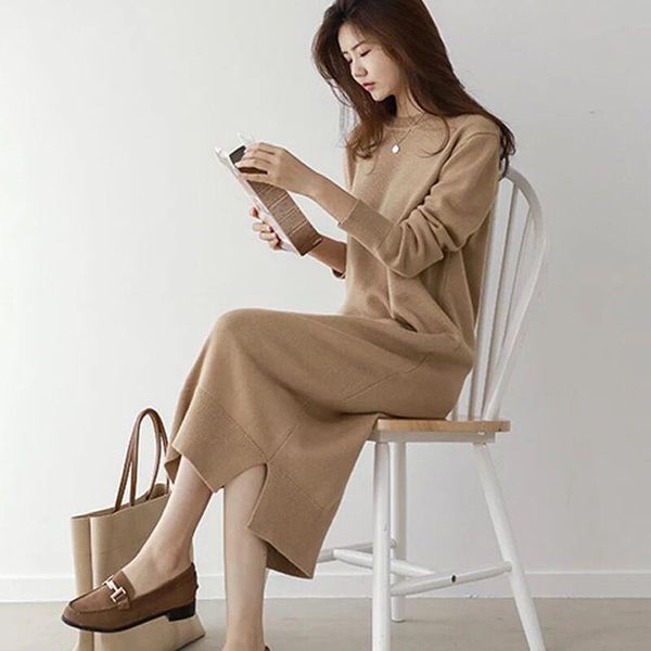 

casual dresses 2021 fashion women's clothing o-neck acrylic maxi for women woman knitted dress sweater, Black;gray
