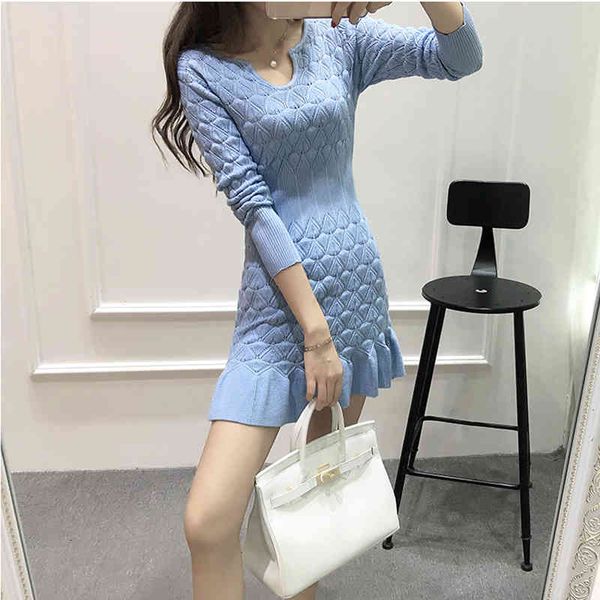 

dress women slim sheath jacquard knit sweater elegant long sleeve mini pencil hip robes sky blue black, Black;gray