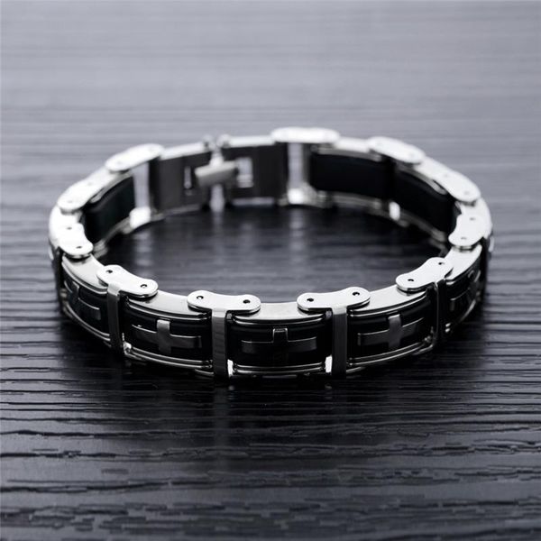 

link, chain modyle fashion cool punk vintage silver color stainless steel cross bracelet black silicone bangle for man