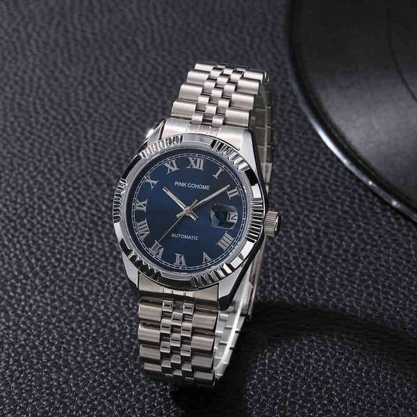

dial male automatic clock blue face steel bracelet business man waterproof label mechanical mechanism, Slivery;brown