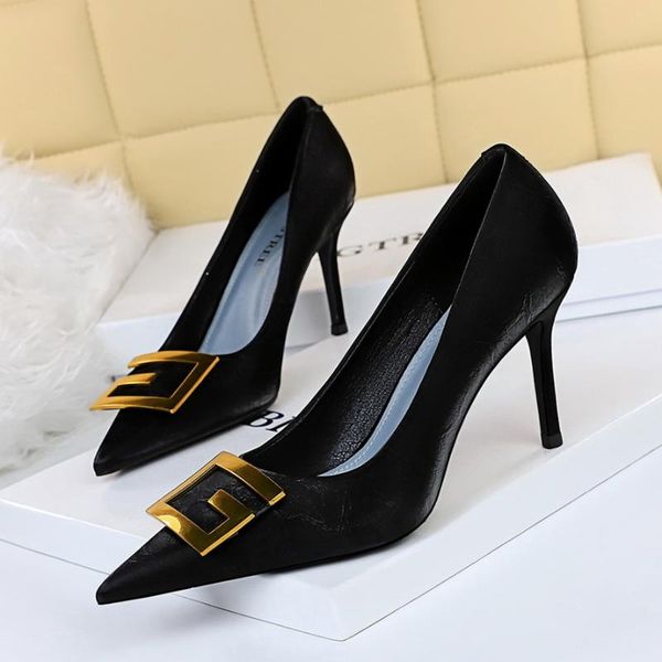 

dress shoes fashion high heels women metal decoration pointed toe pumps slip on shallow slide black zapatos de mujer