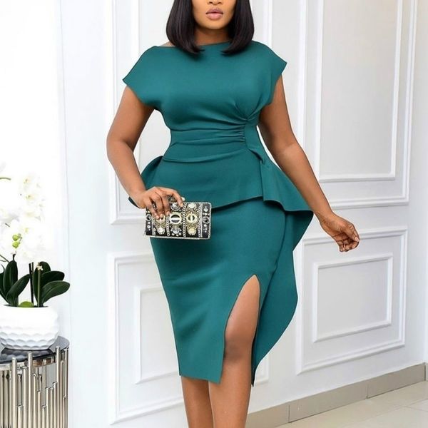 Sexy Bodycon Kurzarm Kleider Split Paket Hüfte Solide Event Party Kleid Mode Büro Damen Afrikanische Femal Plus Größe 210325