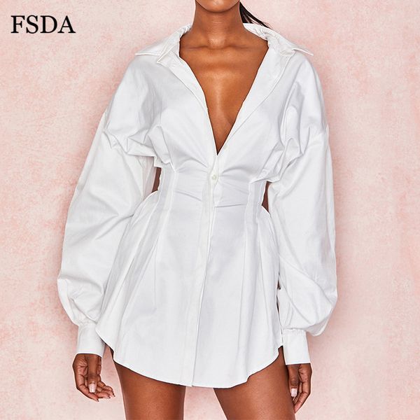 

2021white mini dress pleated tunic long lantern sleeve office ruched cotton button elegant spring women dress, Black;gray